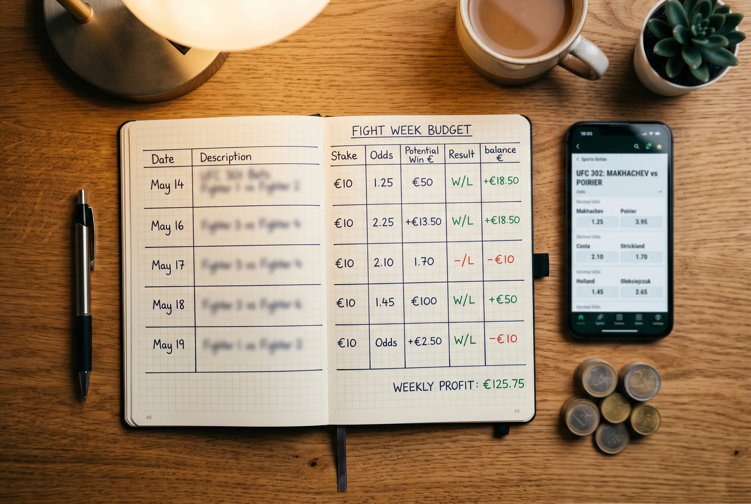 Notizbuch mit Budget-Tabelle neben Smartphone und Euro-Münzen auf einem Schreibtisch