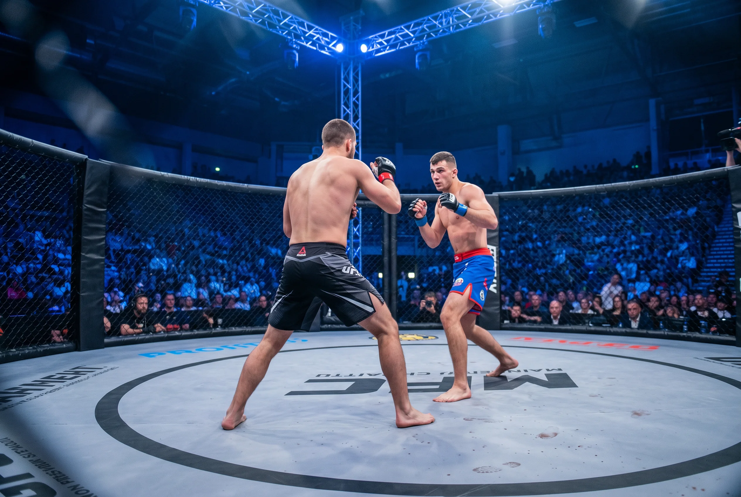 MMA-Kämpfer in einem beleuchteten Käfig bei einem alternativen MMA-Event