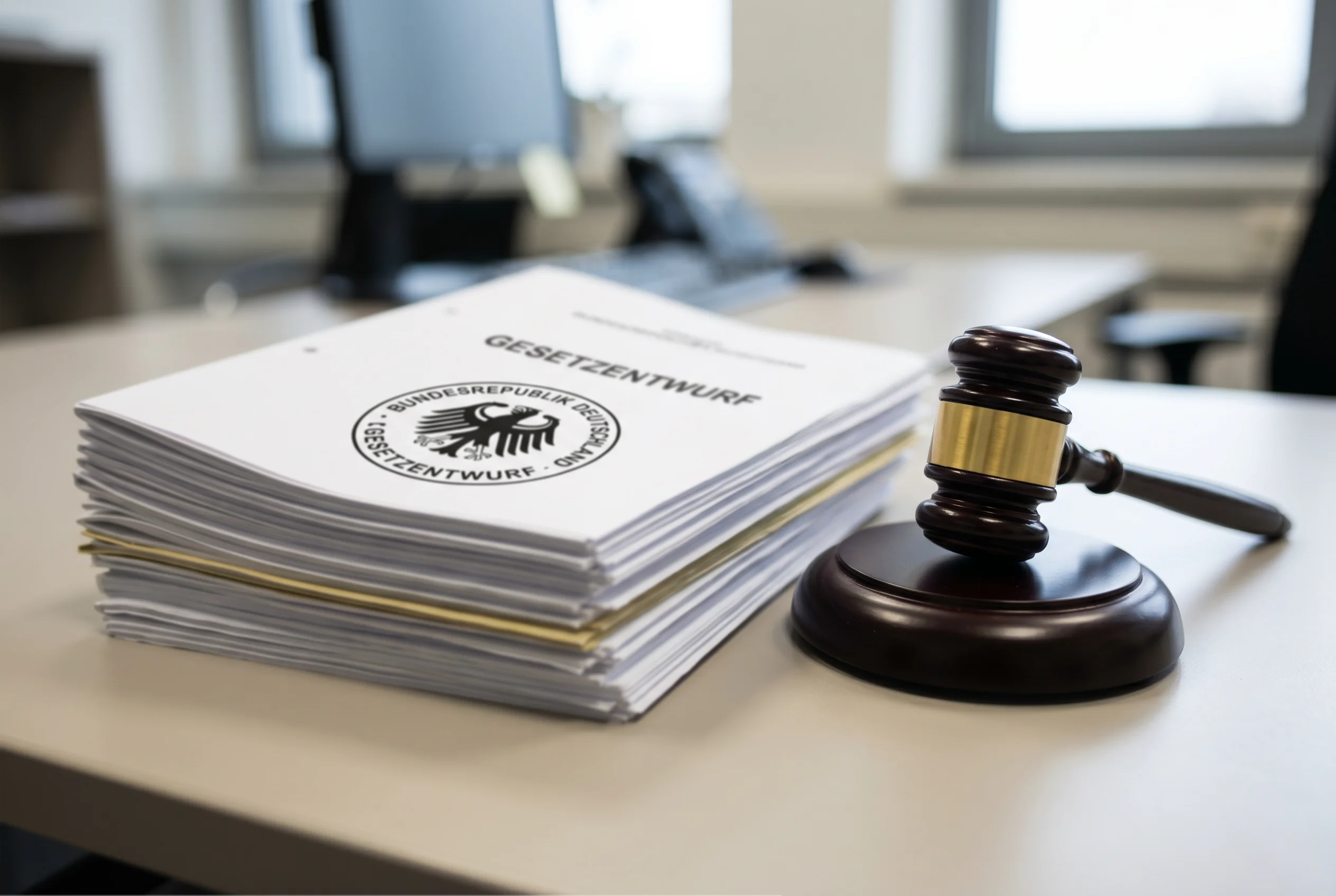 Stapel offizieller Dokumente mit Siegel und Richterhammer auf einem Schreibtisch