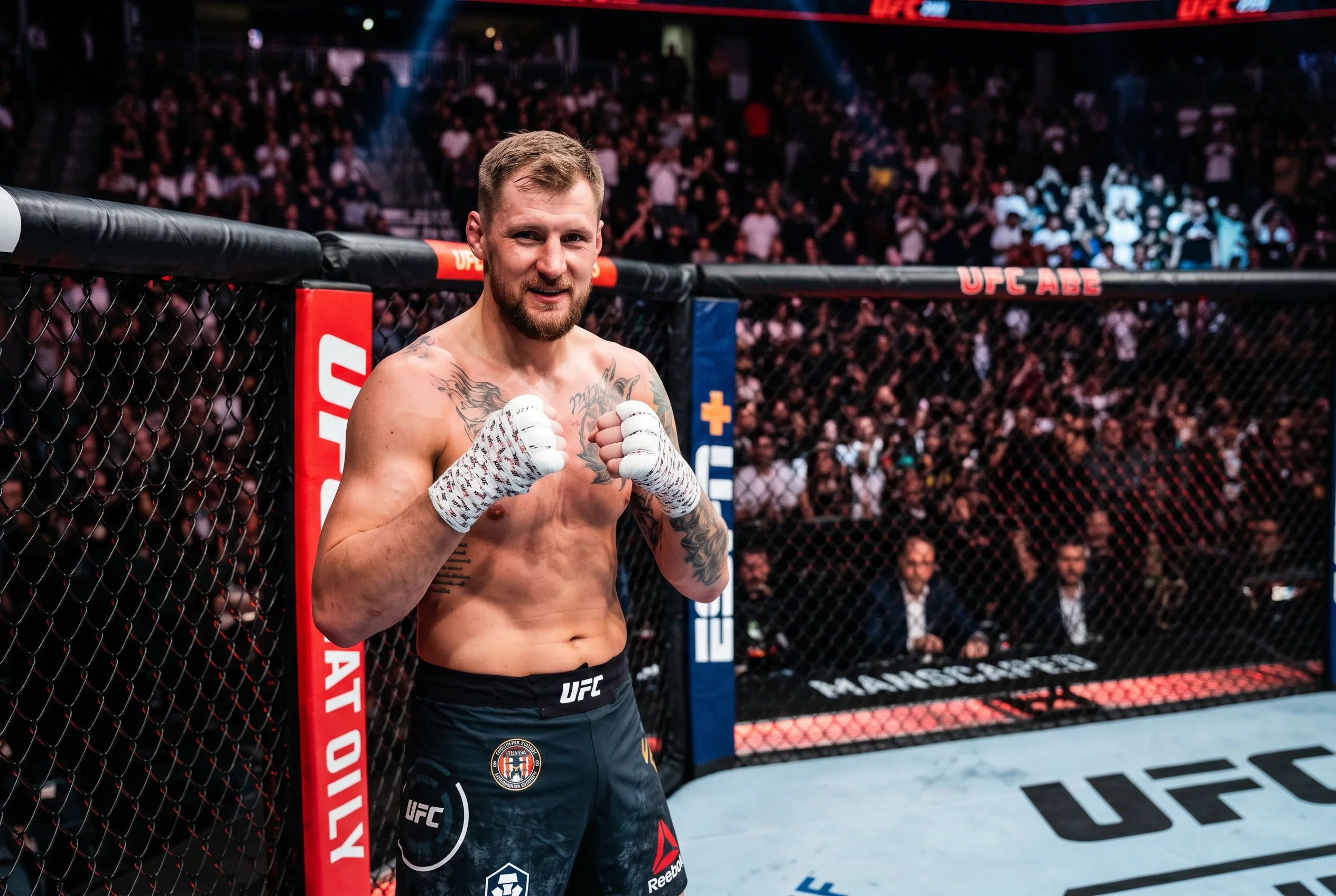 MMA-Kämpfer mit bandagierten Händen steht selbstbewusst in der Octagon-Ecke