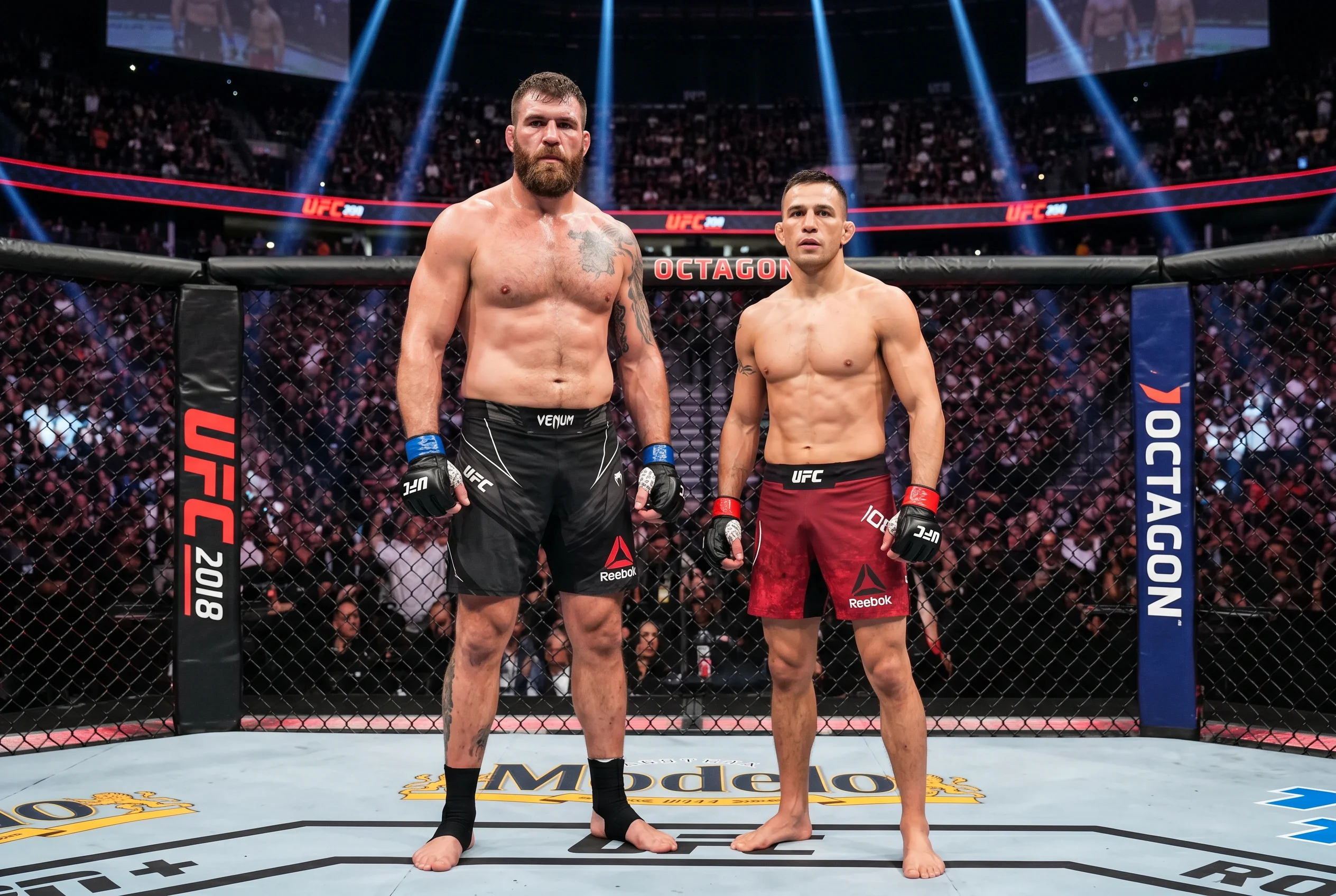 Zwei UFC-Kämpfer unterschiedlicher Gewichtsklassen vor dem Octagon