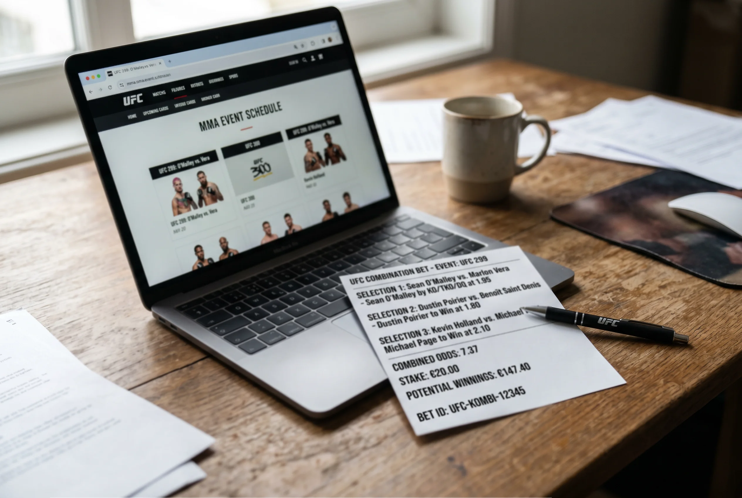 Wettschein mit mehreren Auswahlen neben einem Laptop mit MMA-Eventplan