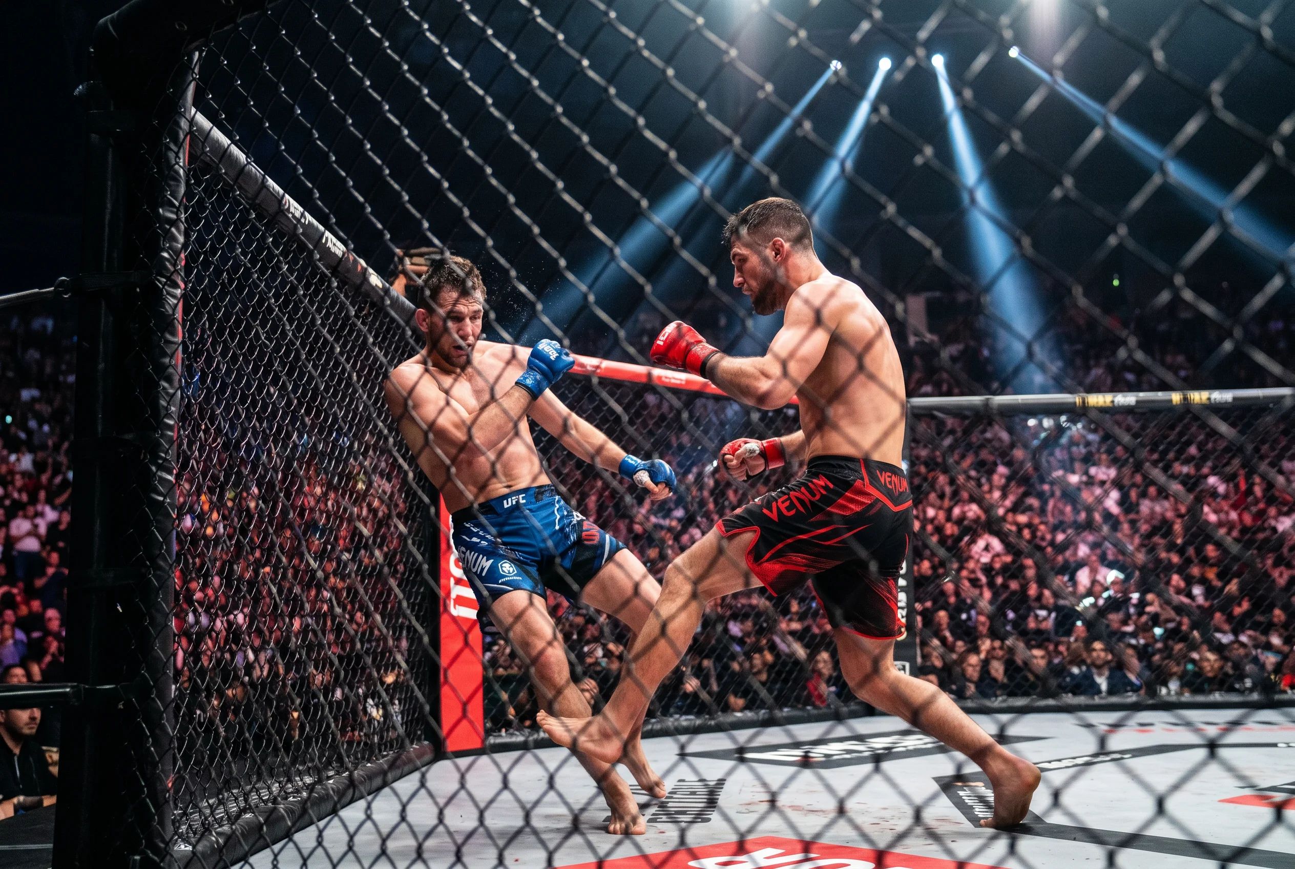 UFC-Livewetten bei einem Kampf im beleuchteten Octagon mit Arena-Publikum