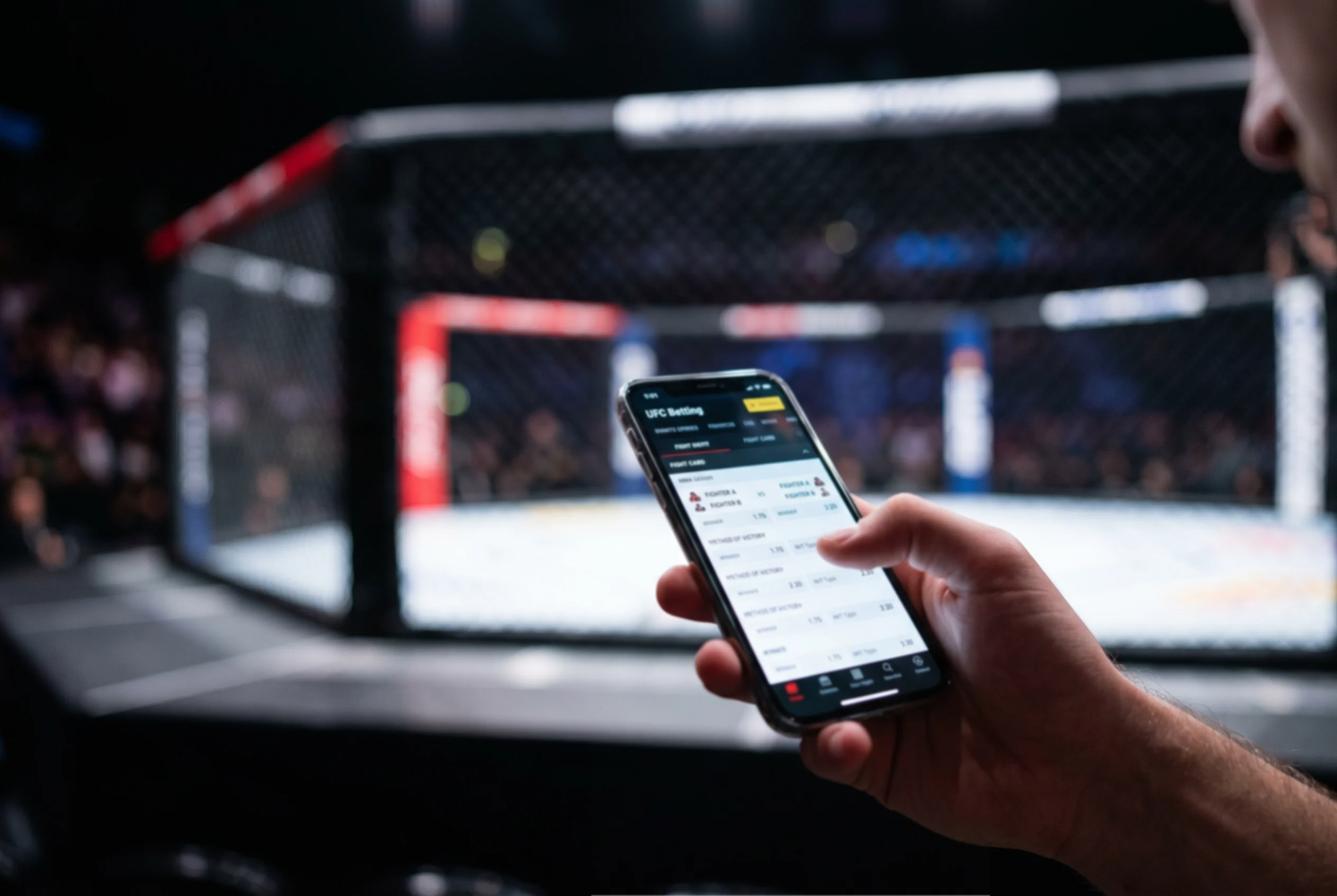 Smartphone mit MMA-Wettoptionen vor einem unscharfen Octagon im Hintergrund