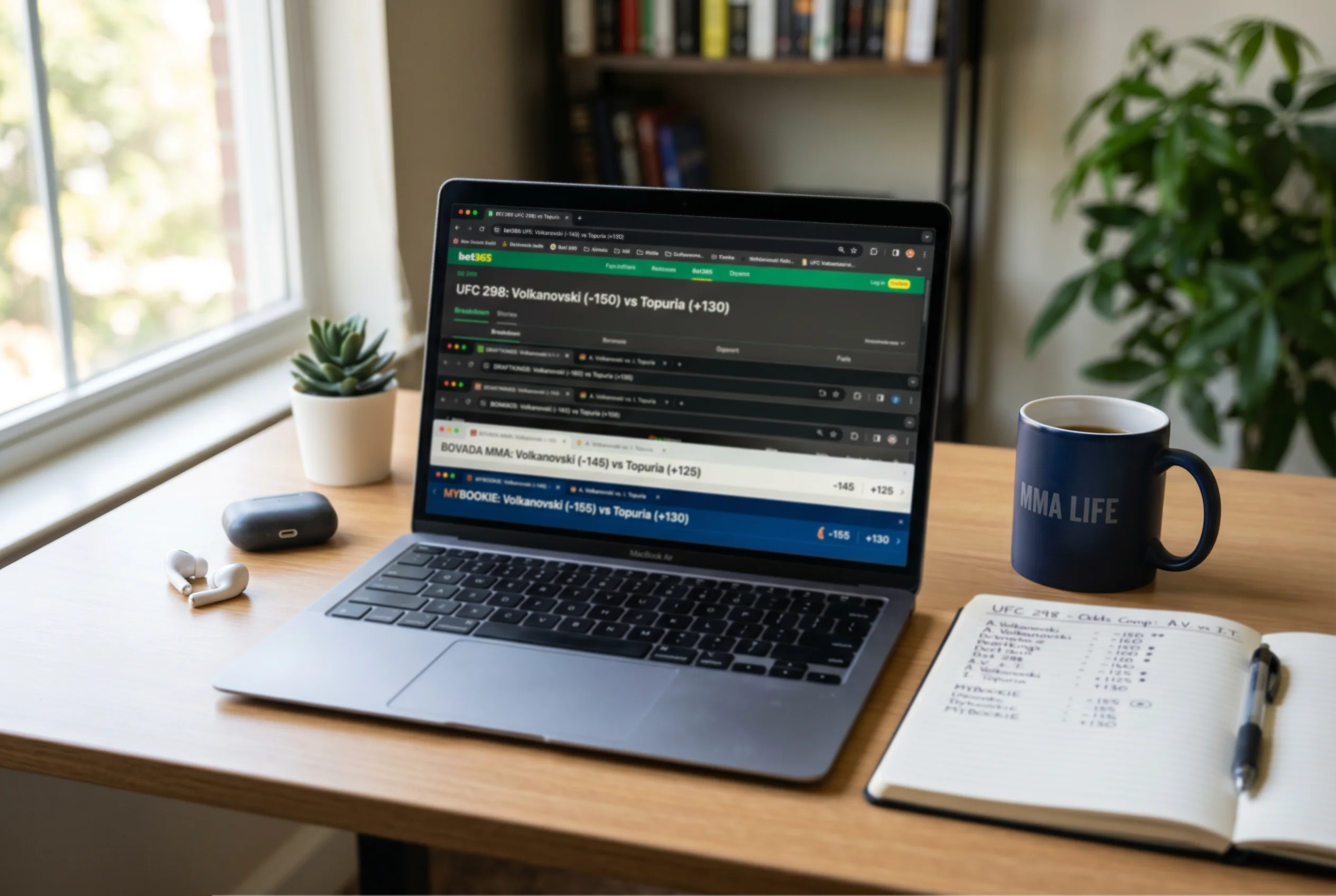 Laptop mit mehreren Browser-Tabs die verschiedene MMA-Quoten zeigen