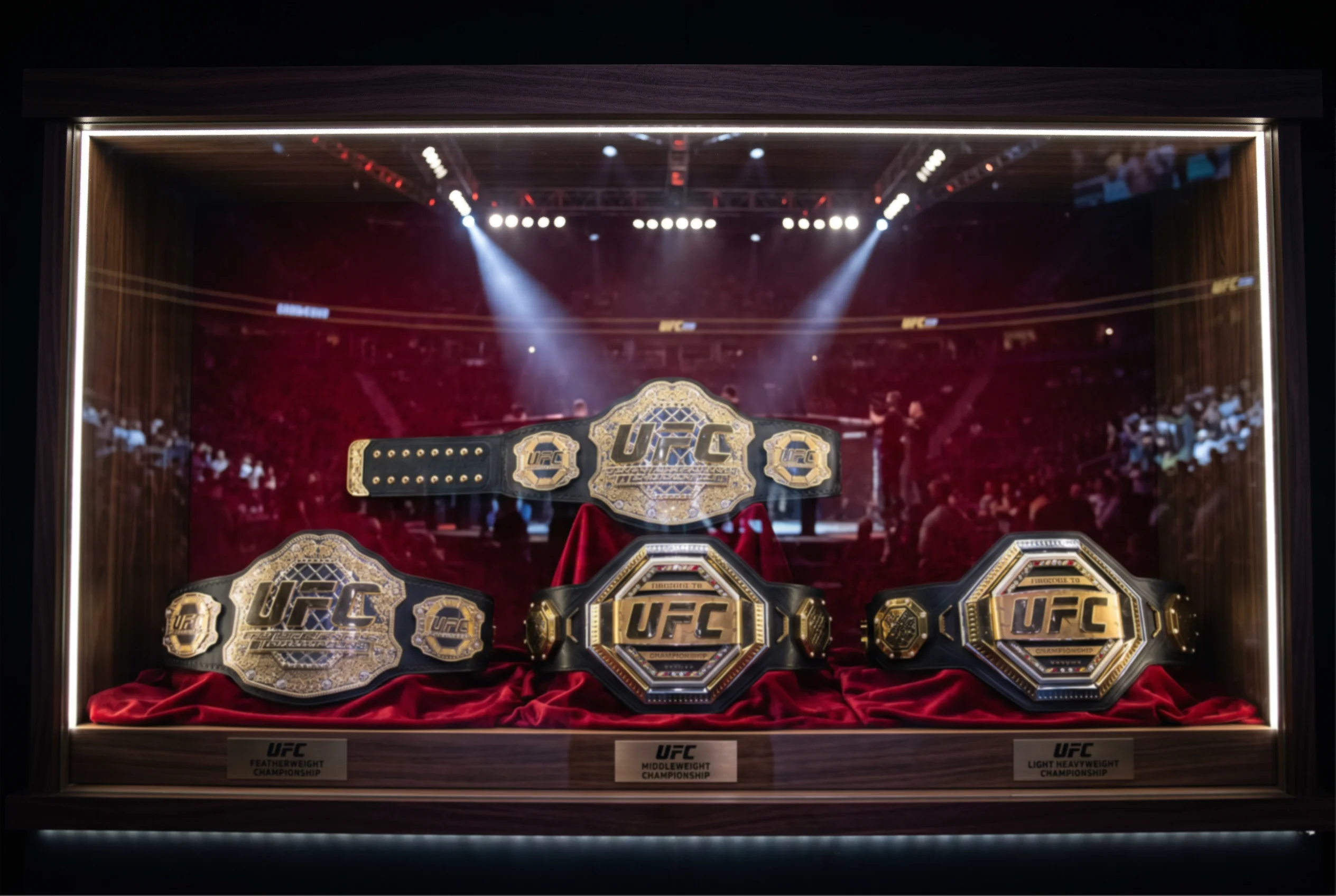 MMA-Meisterschaftsgürtel in einer beleuchteten Vitrine