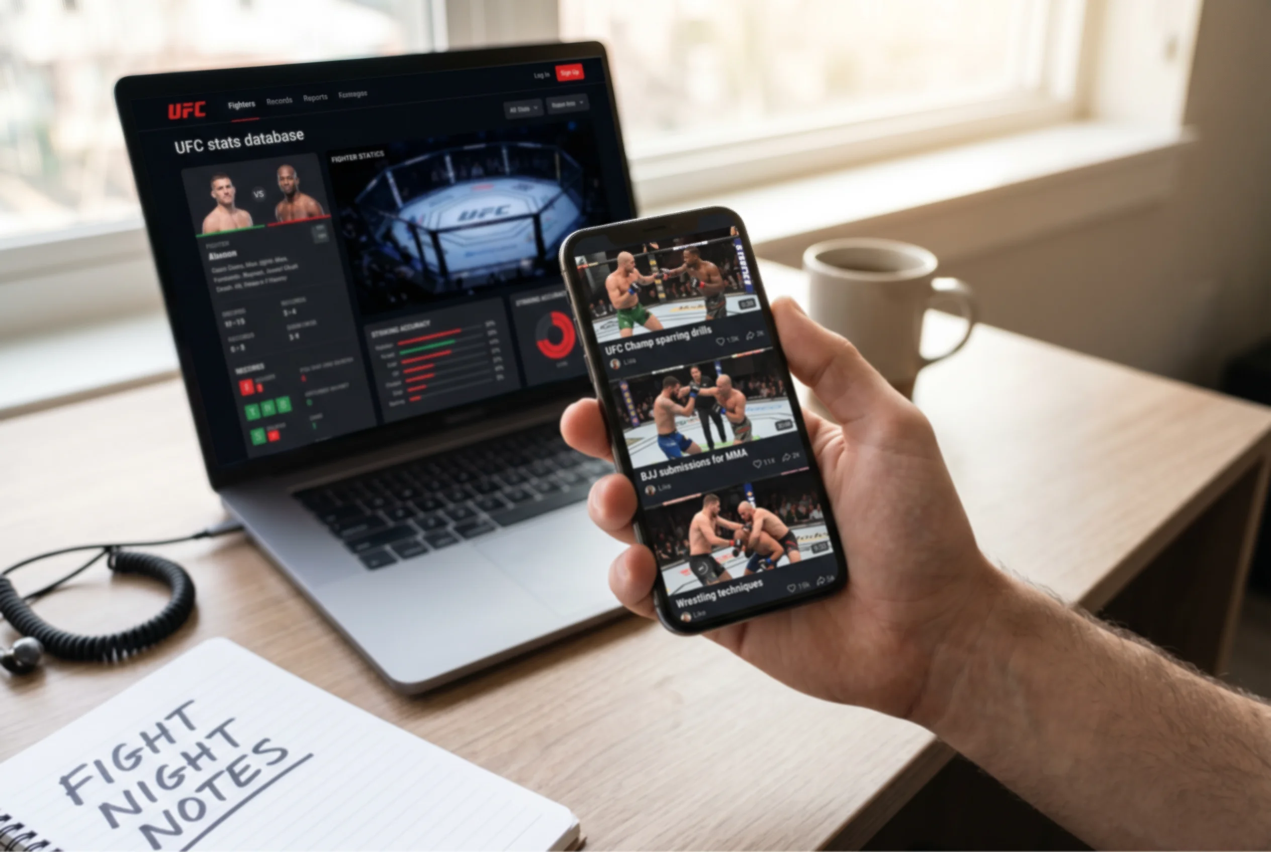 Smartphone mit MMA-Trainingsvideos in einem Social-Media-Feed neben einem Laptop