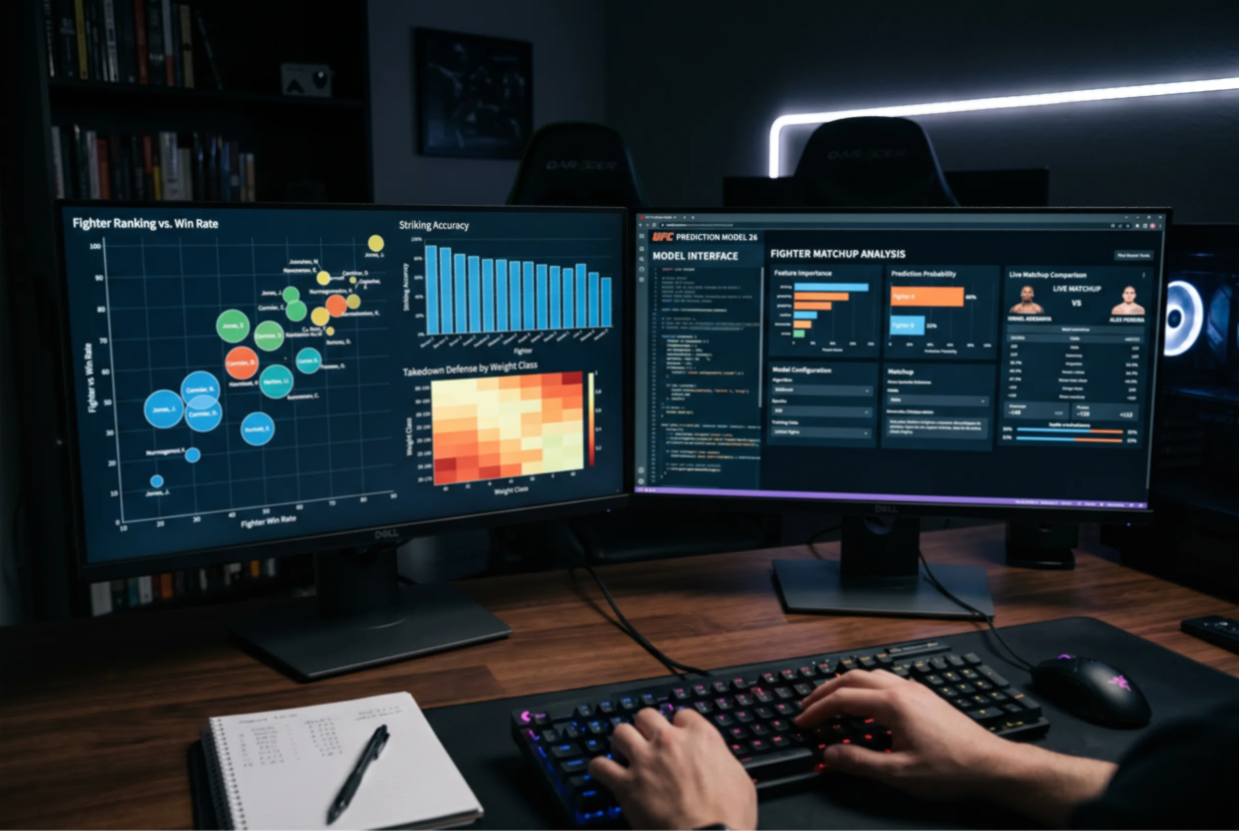 Doppelmonitor-Setup mit Datenvisualisierung und Matchup-Analyse