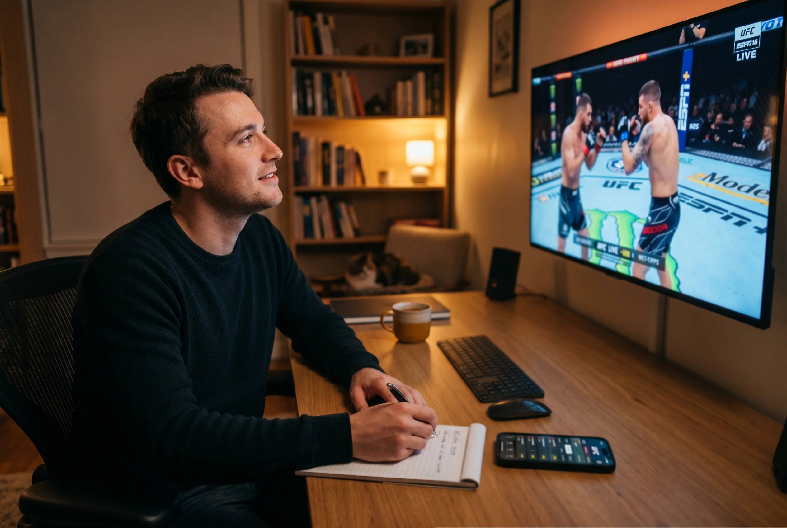 Person analysiert einen UFC-Kampf am Bildschirm mit Notizblock und Smartphone