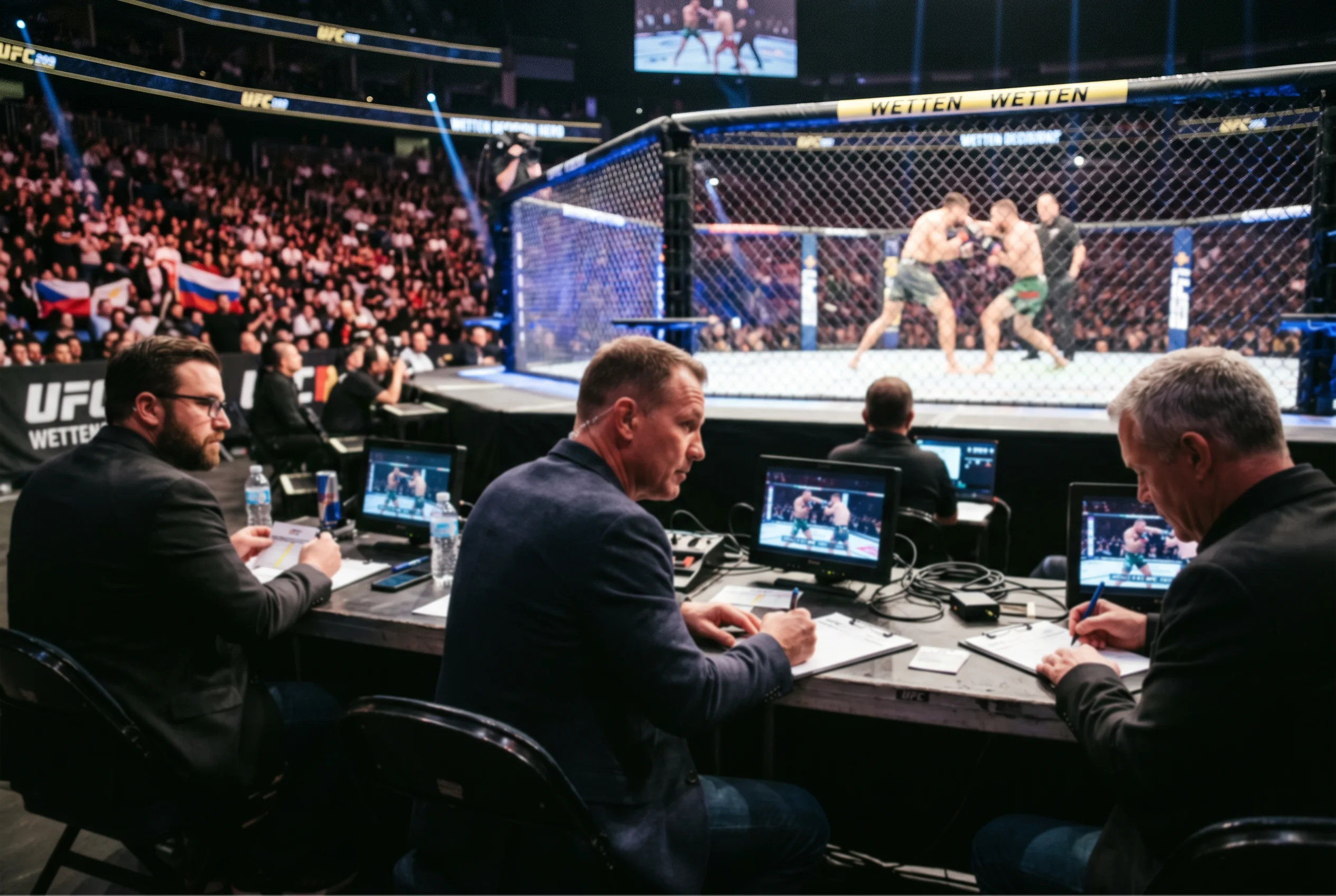 UFC-Punktrichter am Tisch neben dem Octagon während eines Kampfes