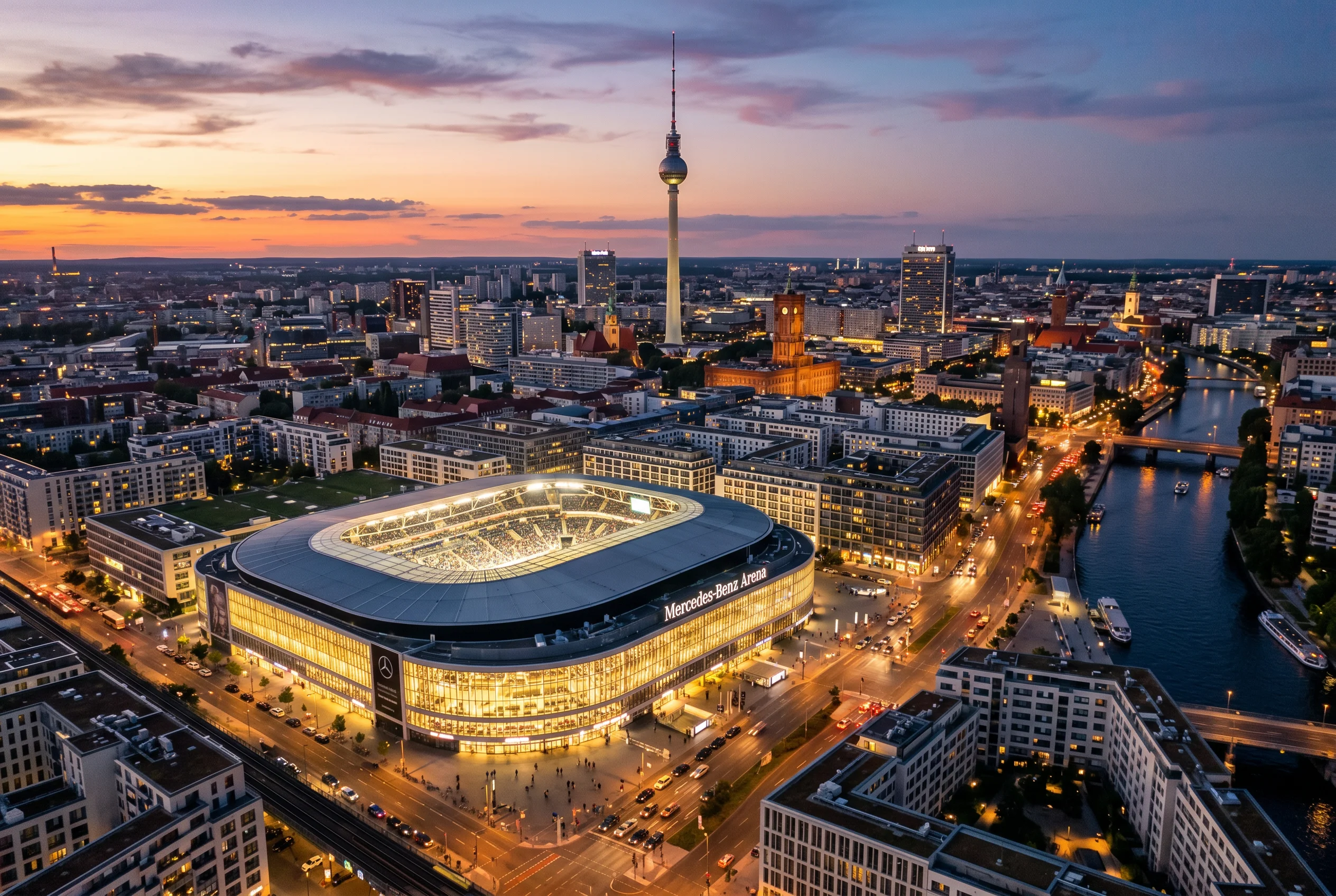 Deutsche Stadtsilhouette bei Dämmerung mit beleuchteter Sportarena im Vordergrund