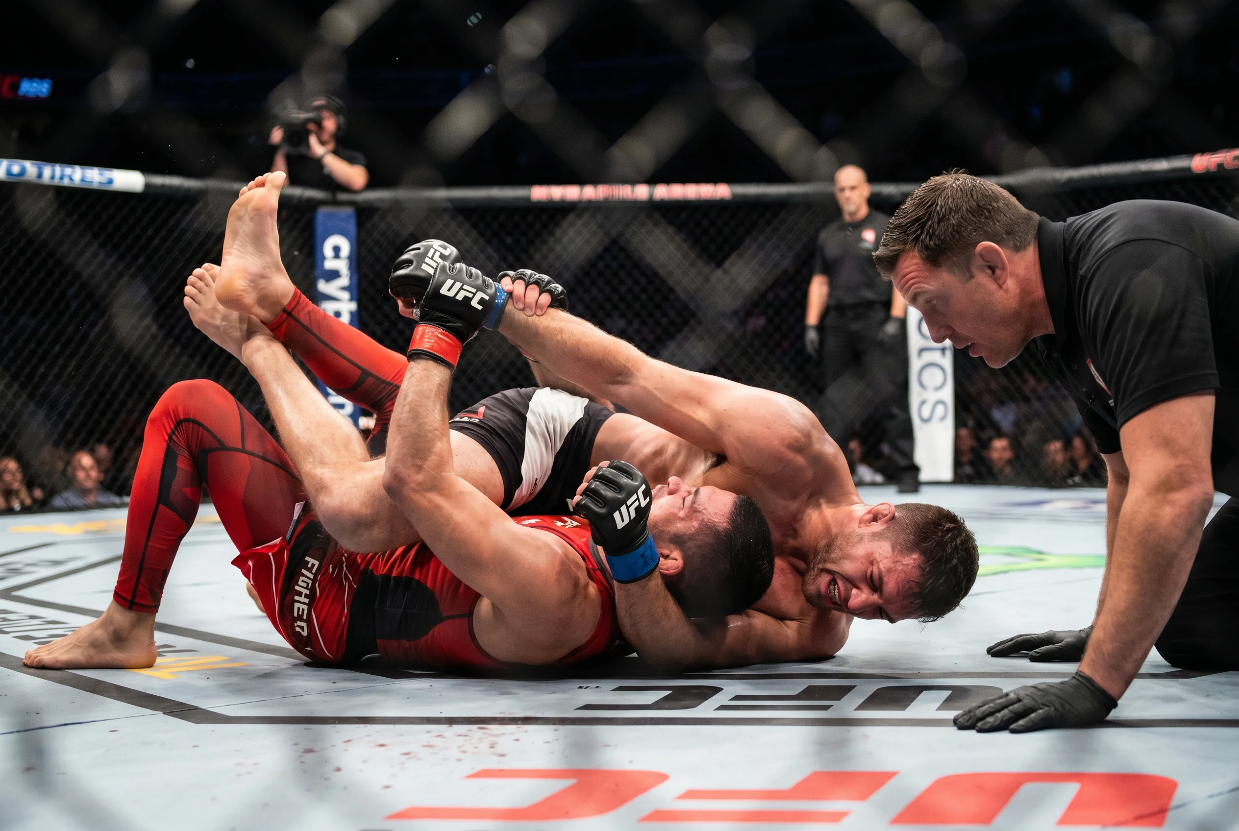 Zwei MMA-Kämpfer am Boden im Octagon bei einer Submission-Technik