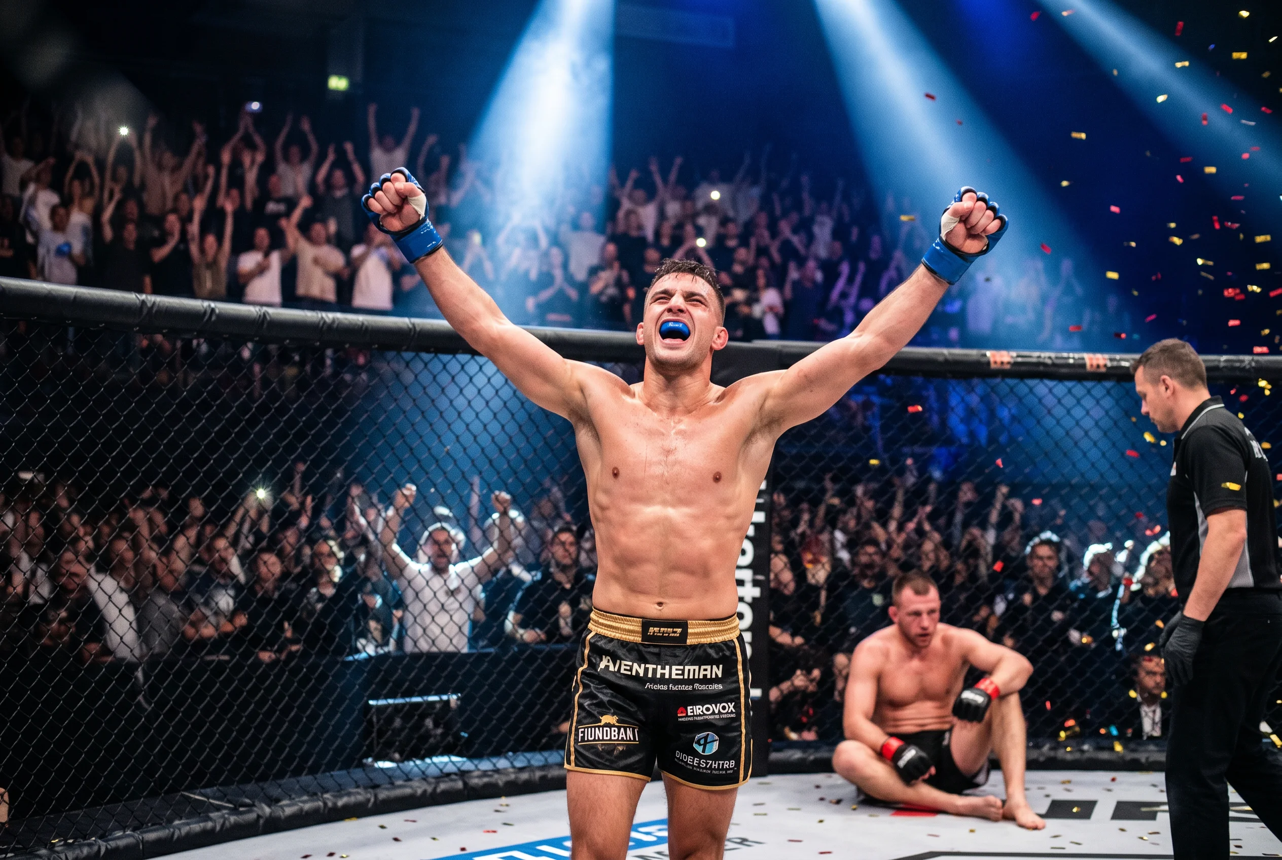 MMA-Kämpfer feiert einen überraschenden Sieg im Octagon mit erhobenen Armen