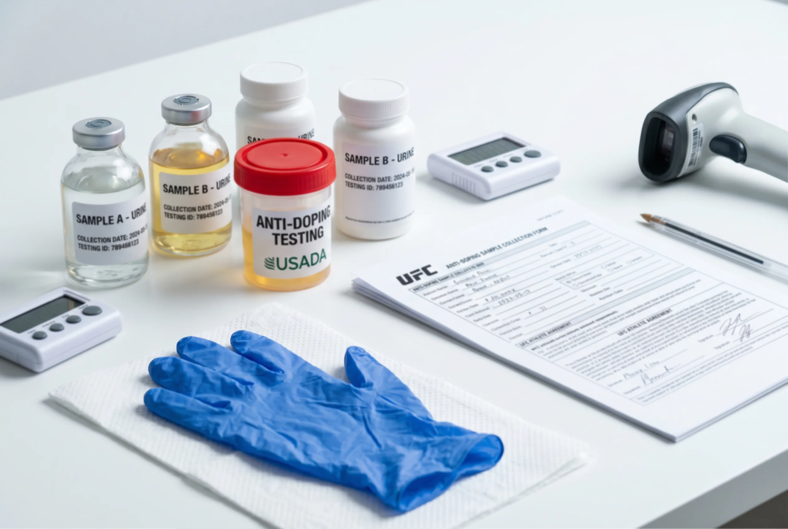 Anti-Doping-Testausrüstung mit versiegelten Proben auf einem klinischen Tisch